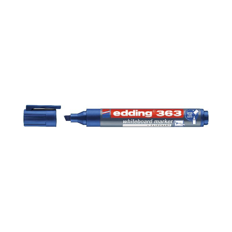 edding 363 Whiteboardmarker blau, Keilspitze 1-5 mm sichtbar, Kappe abgenommen.