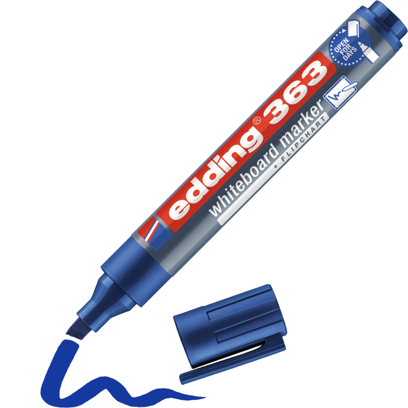 edding 363 Whiteboardmarker in der Farbe Blau und Beispiel für die Schriftstärke.
