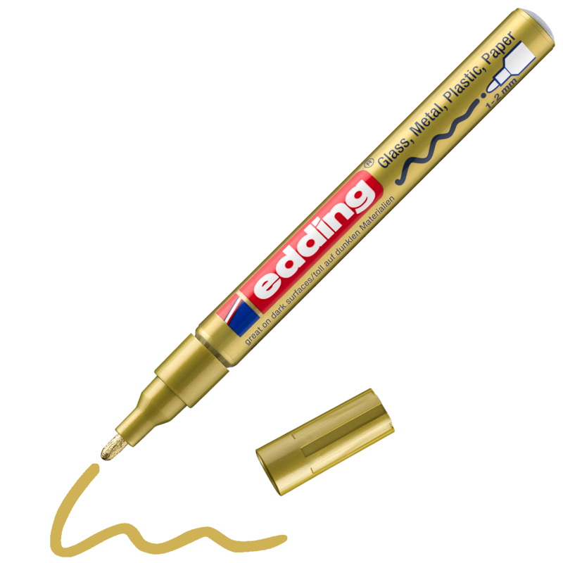 edding 751 Glanzlackmarker in der Farbe Gold und Beispiel der Schriftstärke.
