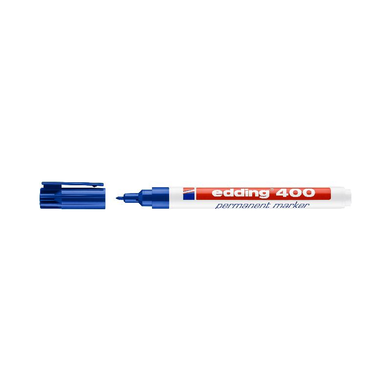 edding 400 Textilmarker in Blau mit abgenommenem Deckel und Rundspitze.