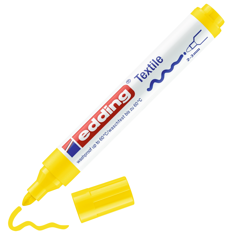 edding 4500 Textilmarker gelb, 2-3 mm Strichbreite – zeigt die Anwendungsmöglichkeit auf Stoffen.